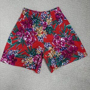 Y2K‎ Vintage Floral Bermuda Shorts Red Floral Wide Leg Pleated Medium